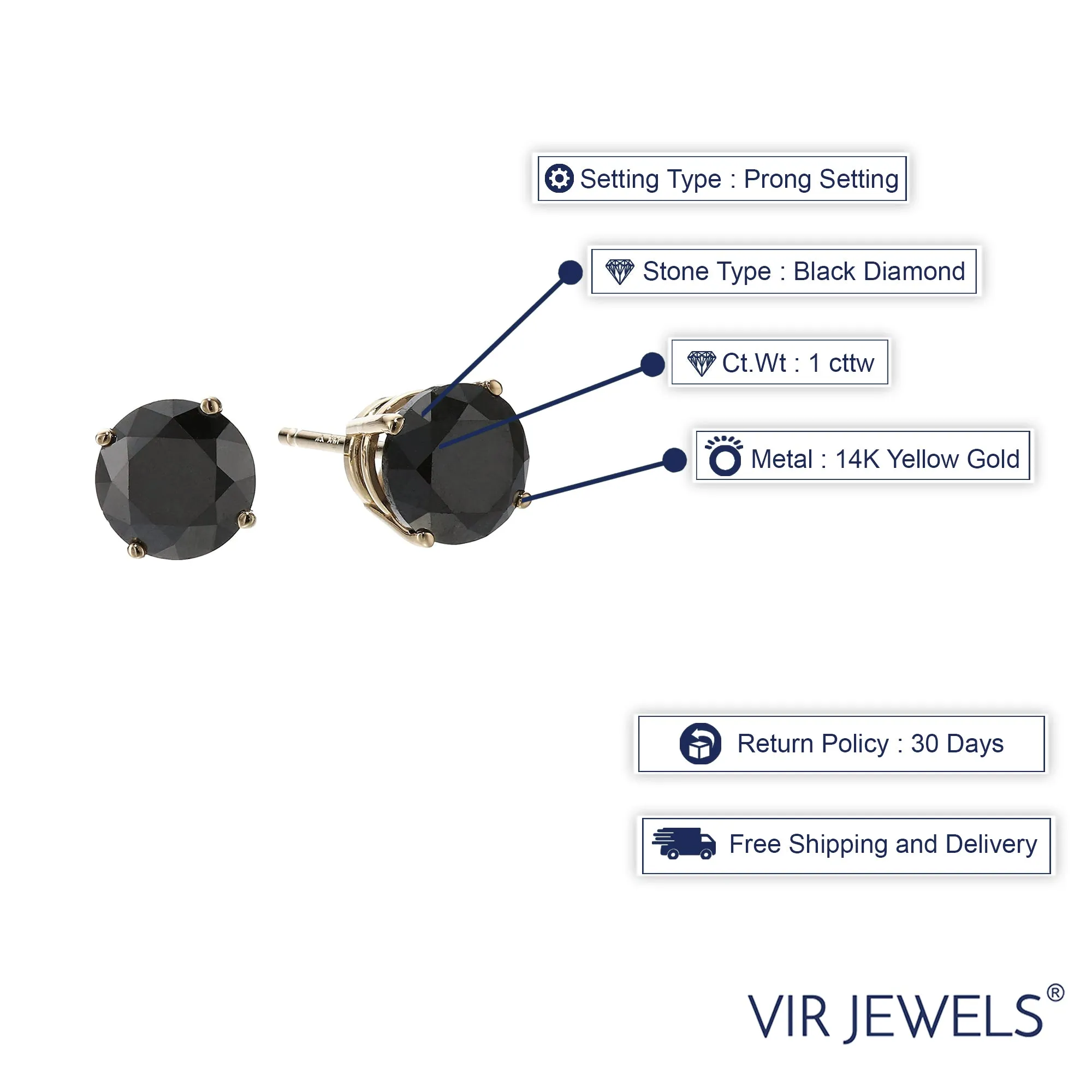1 cttw Black Diamond Stud Earrings 14K Yellow Gold Round Push Backs 4 Prong Basket