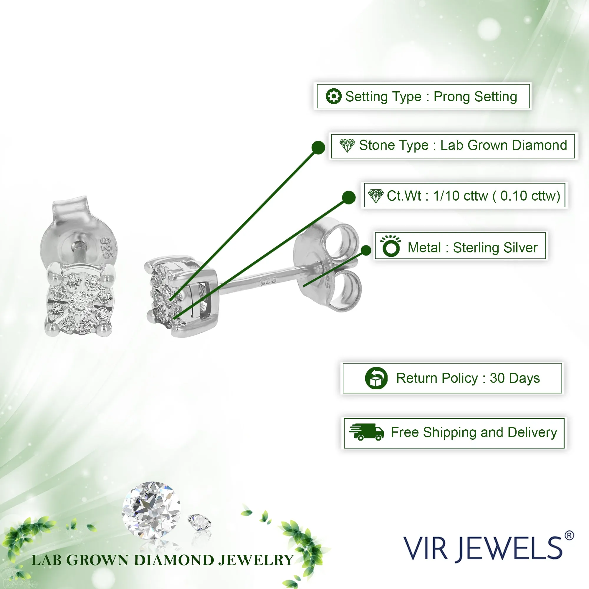 1/10 cttw Round Cut Lab Grown Diamond Prong Set Stud Earrings in .925 Sterling Silver