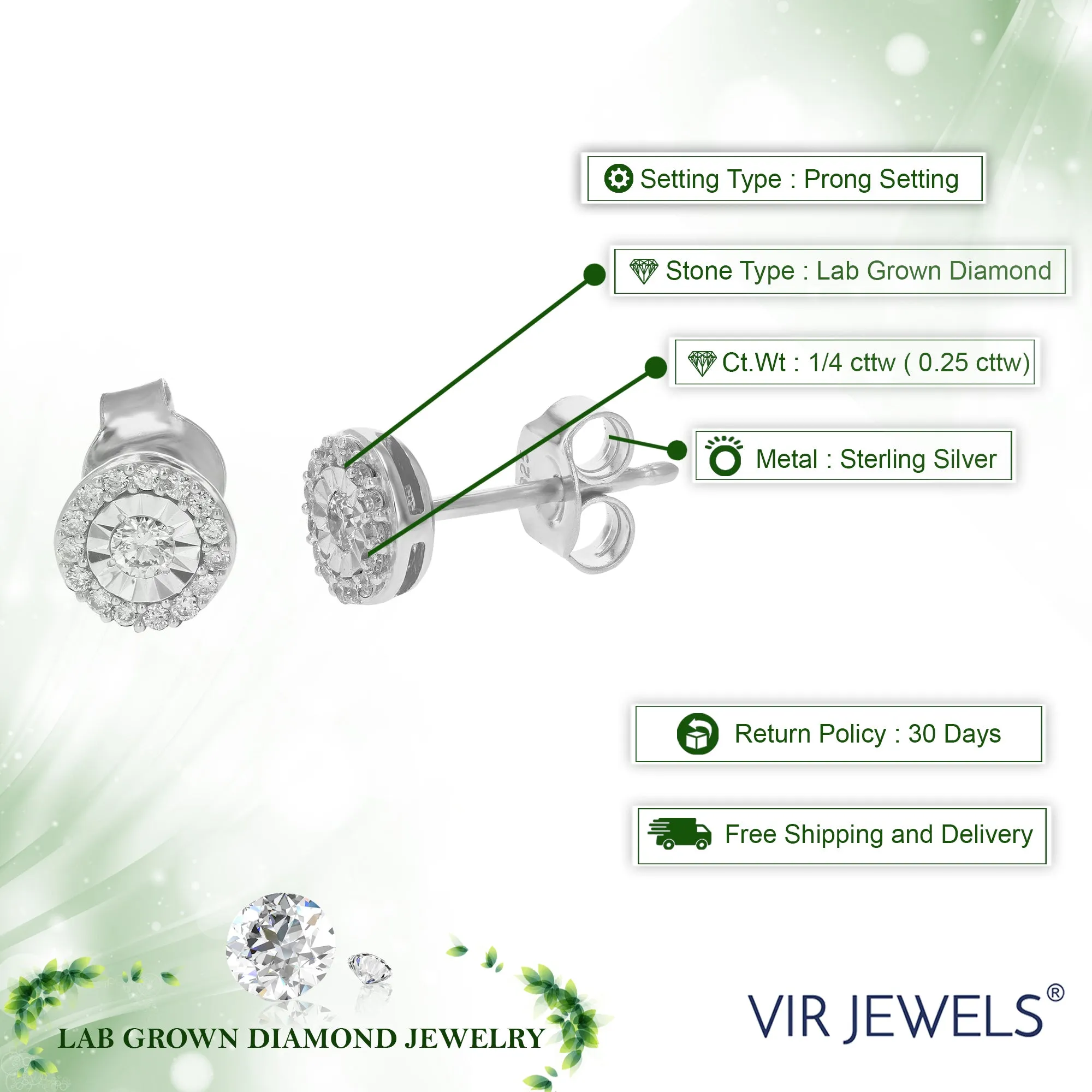 1/4 cttw Lab Grown Diamond Stud Earrings in .925 Sterling Silver Round Cut Prong Set