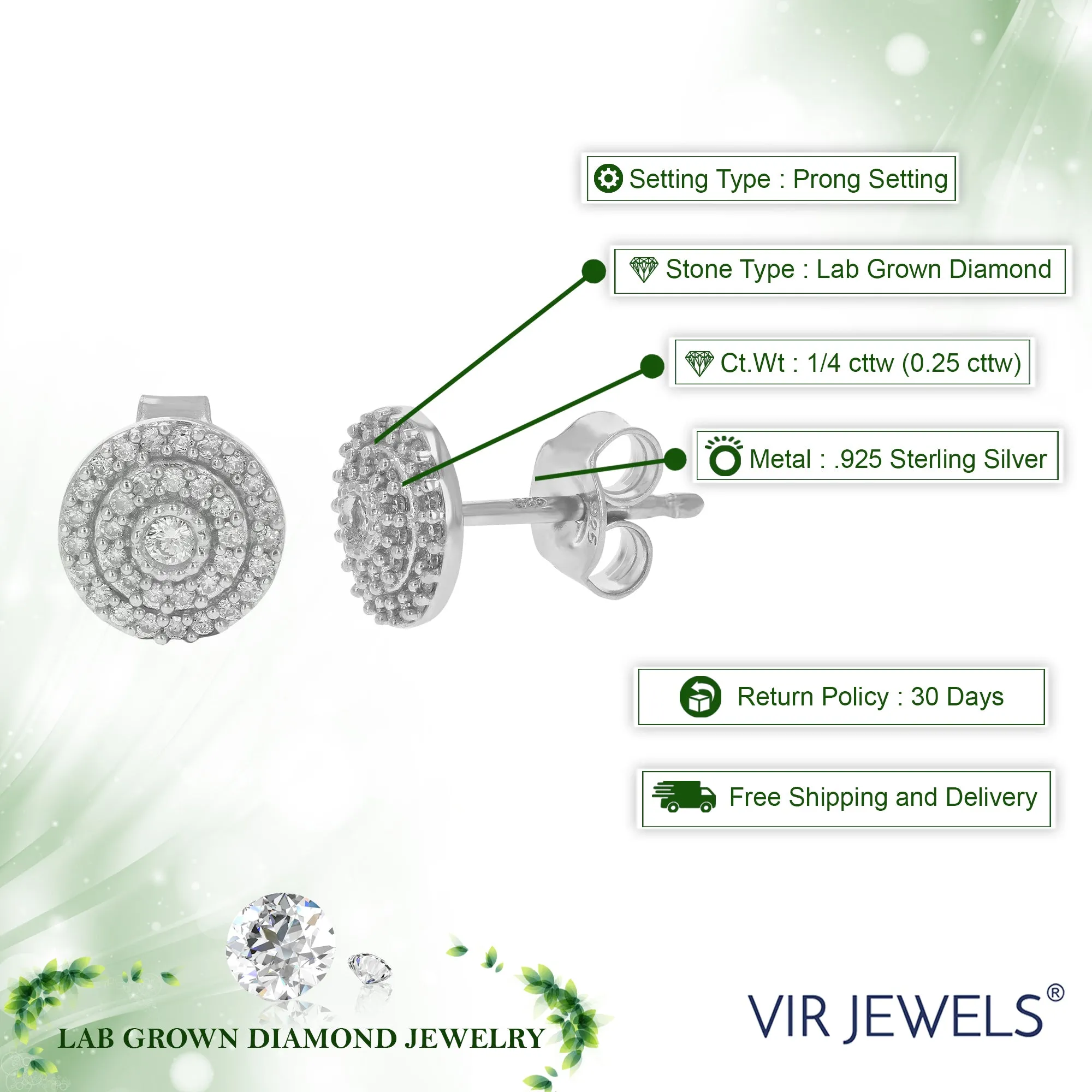 1/4 cttw Round Lab Grown Diamond Stud Earrings Round Shape .925 Sterling Silver Prong Set