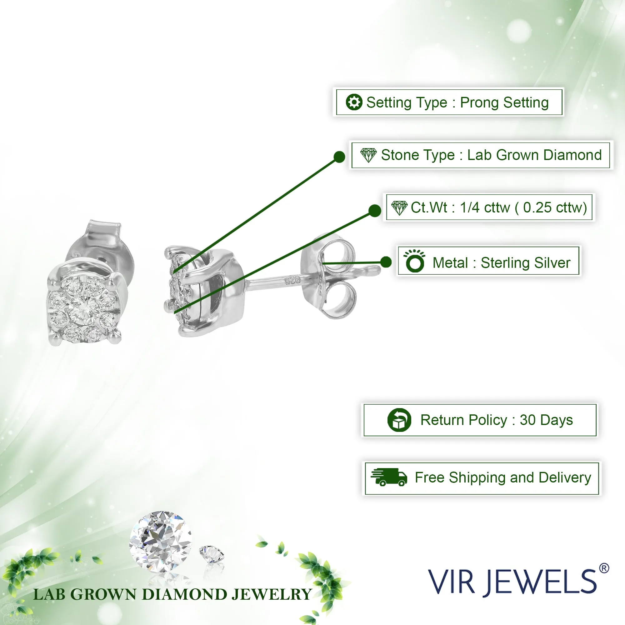 1/4 cttw Round Lab Grown Diamonds Stud Earrings in .925 Sterling Silver Prong Set