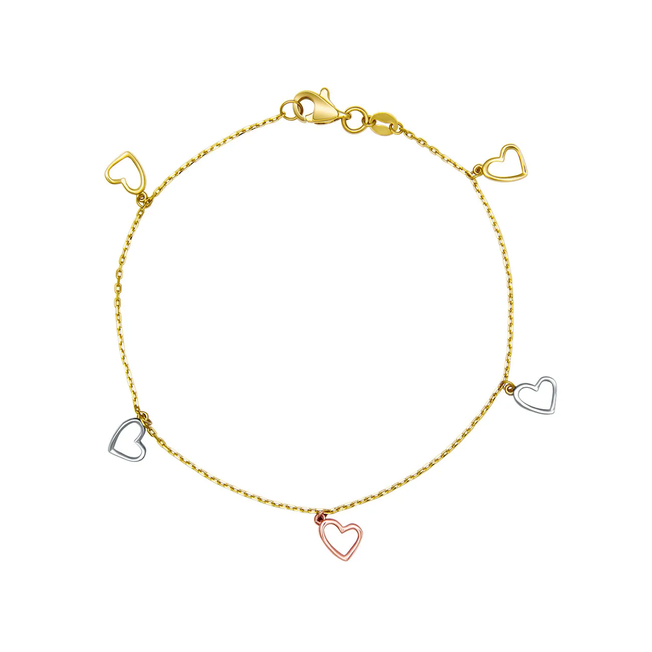 14K BRACELET WITH TRICOLOR OPEN DANGLING HEARTS (BRTG36-7.25-14K)