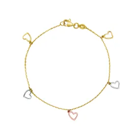 14K BRACELET WITH TRICOLOR OPEN DANGLING HEARTS (BRTG36-7.25-14K)