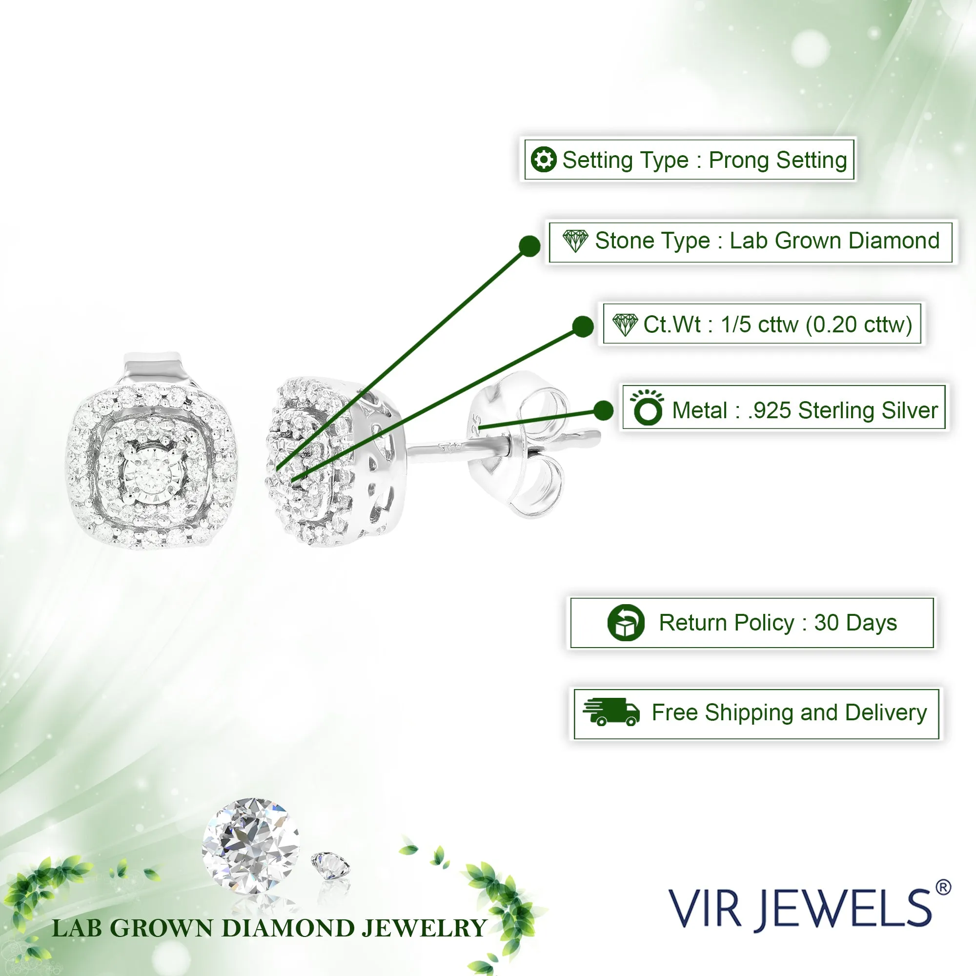 1/5 cttw 66 Stones Round Lab Grown Diamond Studs Earrings .925 Sterling Silver Prong Set 1/4 Inch