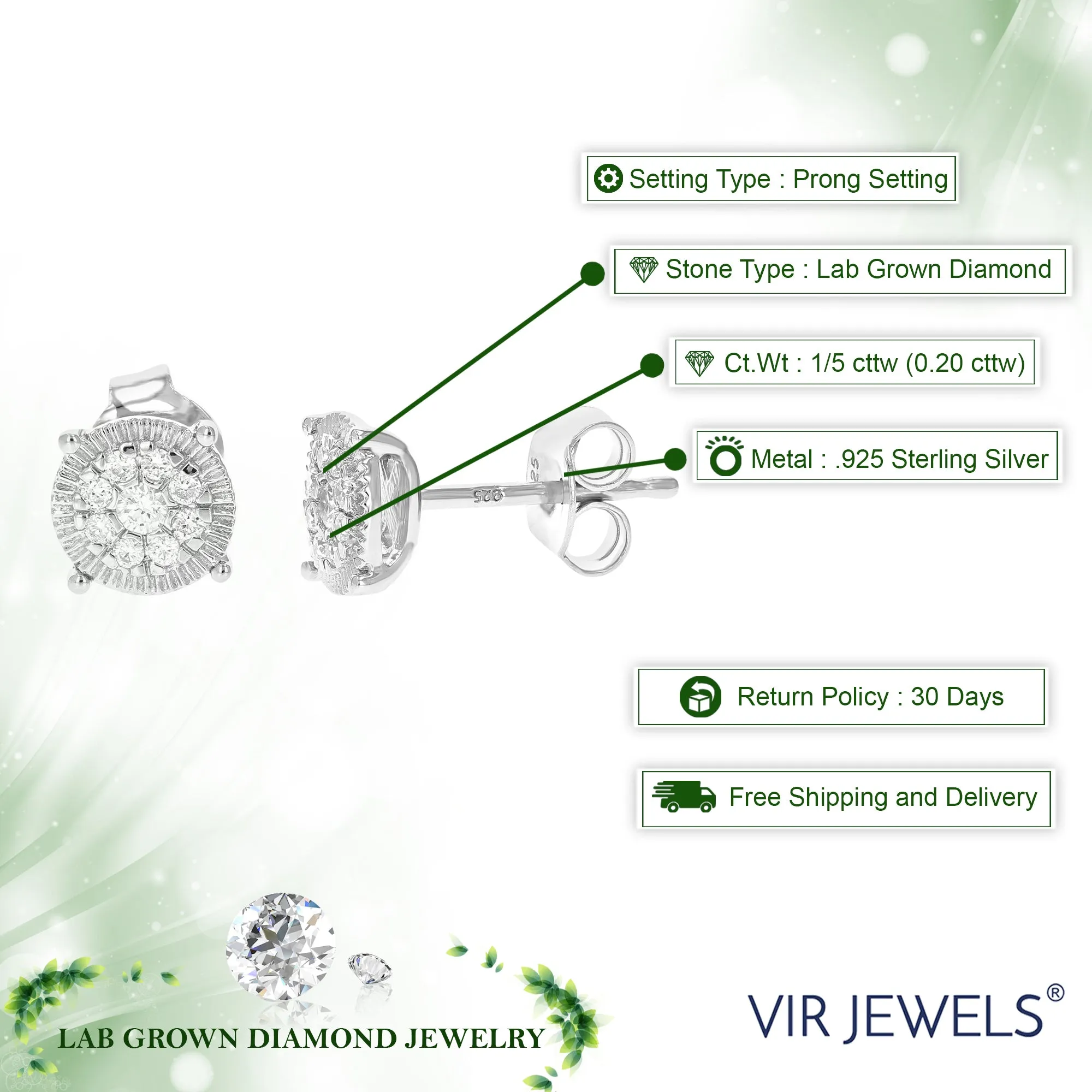 1/5 cttw Round Lab Grown Diamond Studs Earrings .925 Sterling Silver Prong Set 1/4 Inch