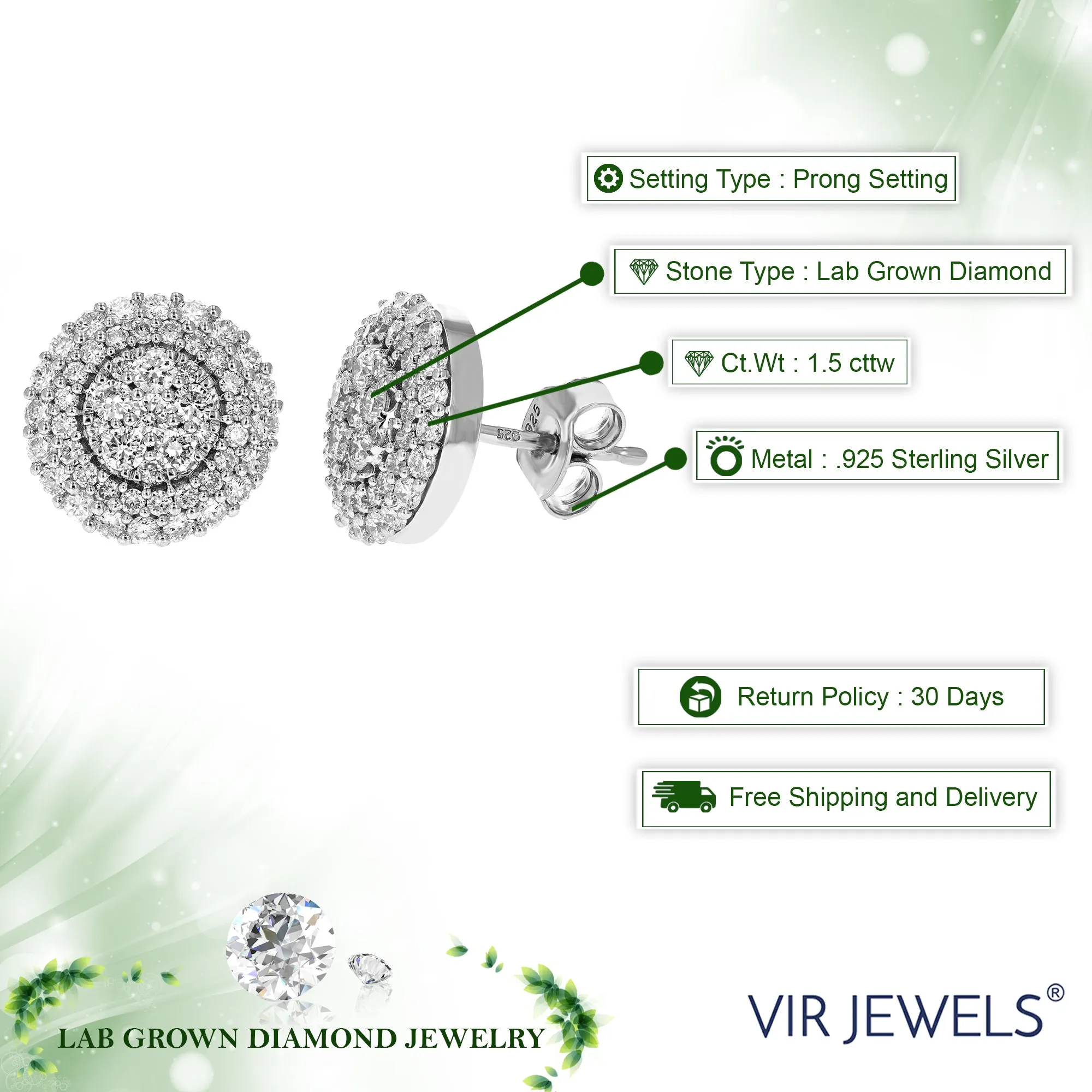 1.50 cttw Lab Created Diamond Stud Earrings in .925 Sterling Silver Prong Set
