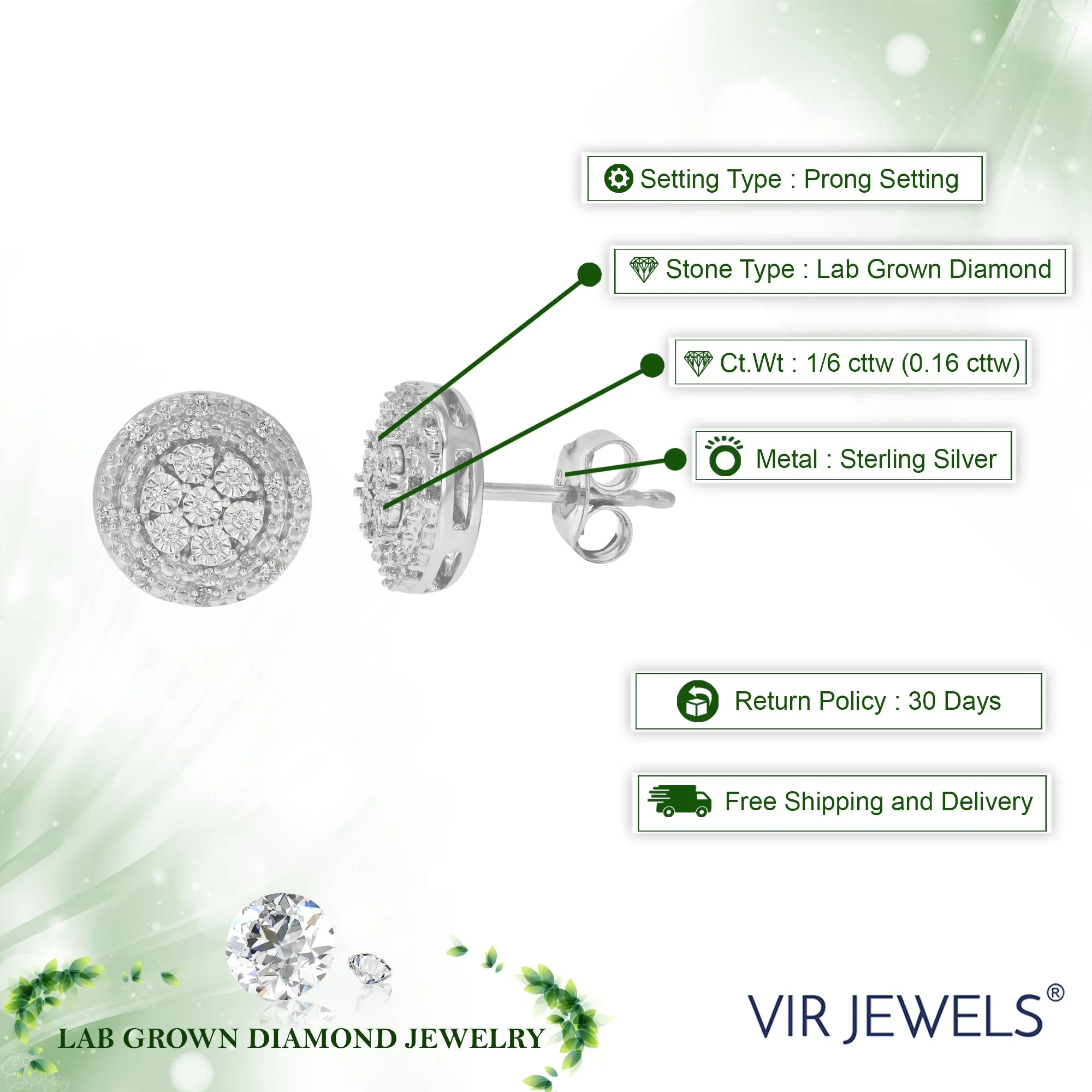 1/6 cttw Round Lab Grown Diamond Stud Earrings Crafted in .925 Sterling Silver Prong Set