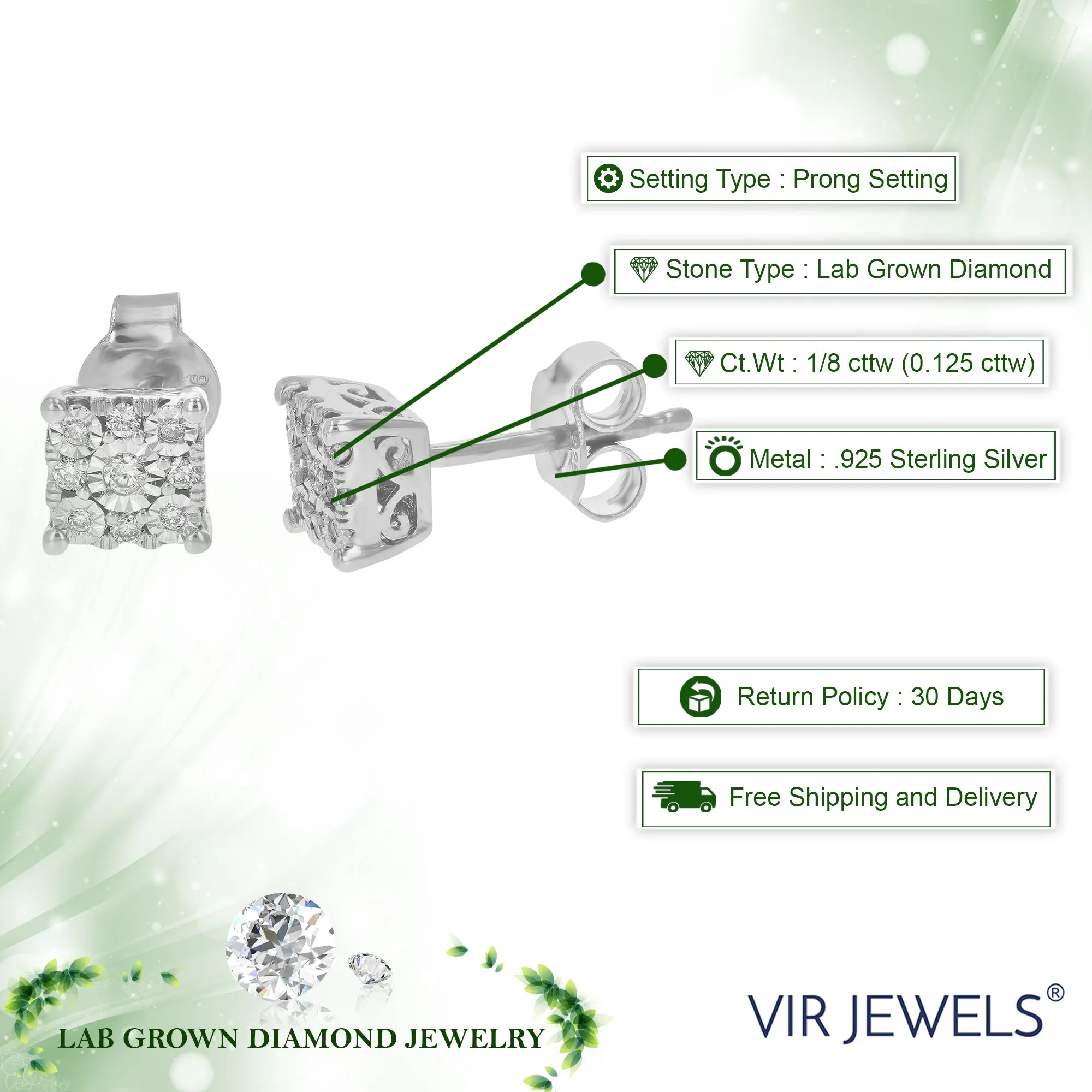 1/8 cttw Round Lab Grown Diamond Stud Earrings .925 Sterling Silver Prong Set