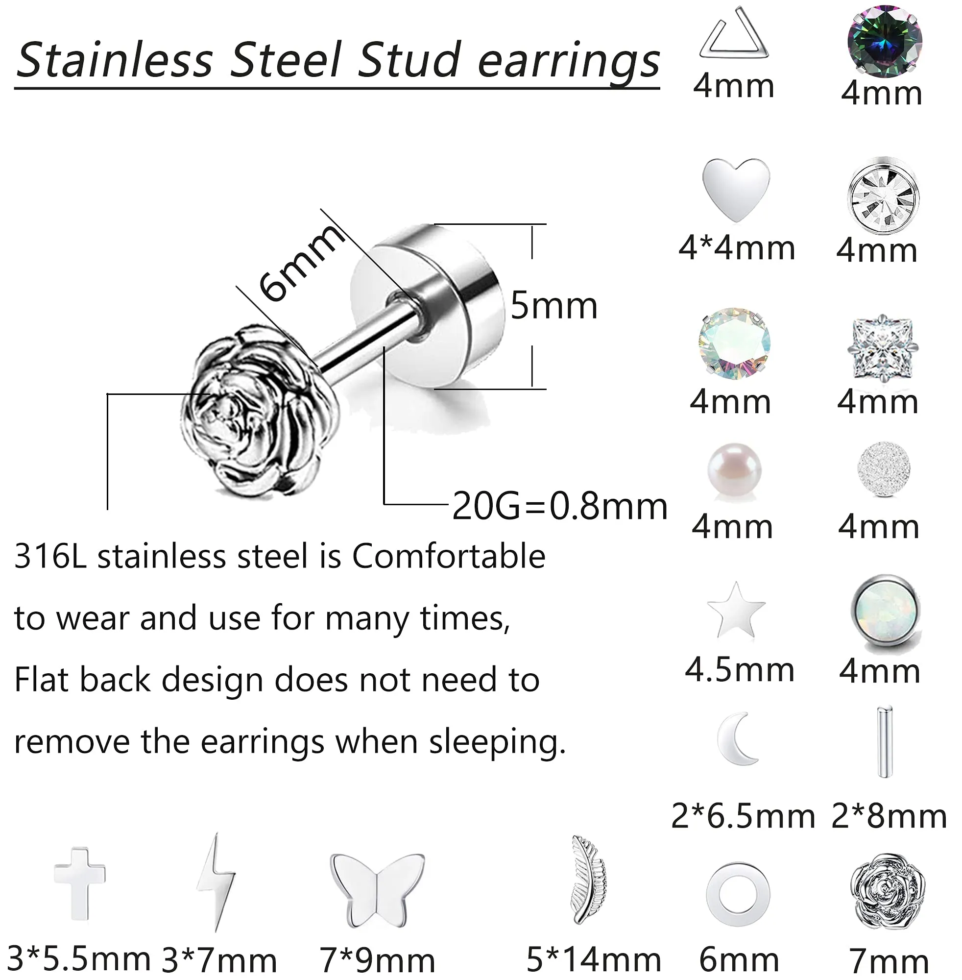 18 Pairs Stainless Steel Stud Earrings Set for Women Men Star Moon flower Heart Leaf Opal 20G Cartilage Earrings Hypoallergenic Flatback Earrings Piercing Jewelry Silver