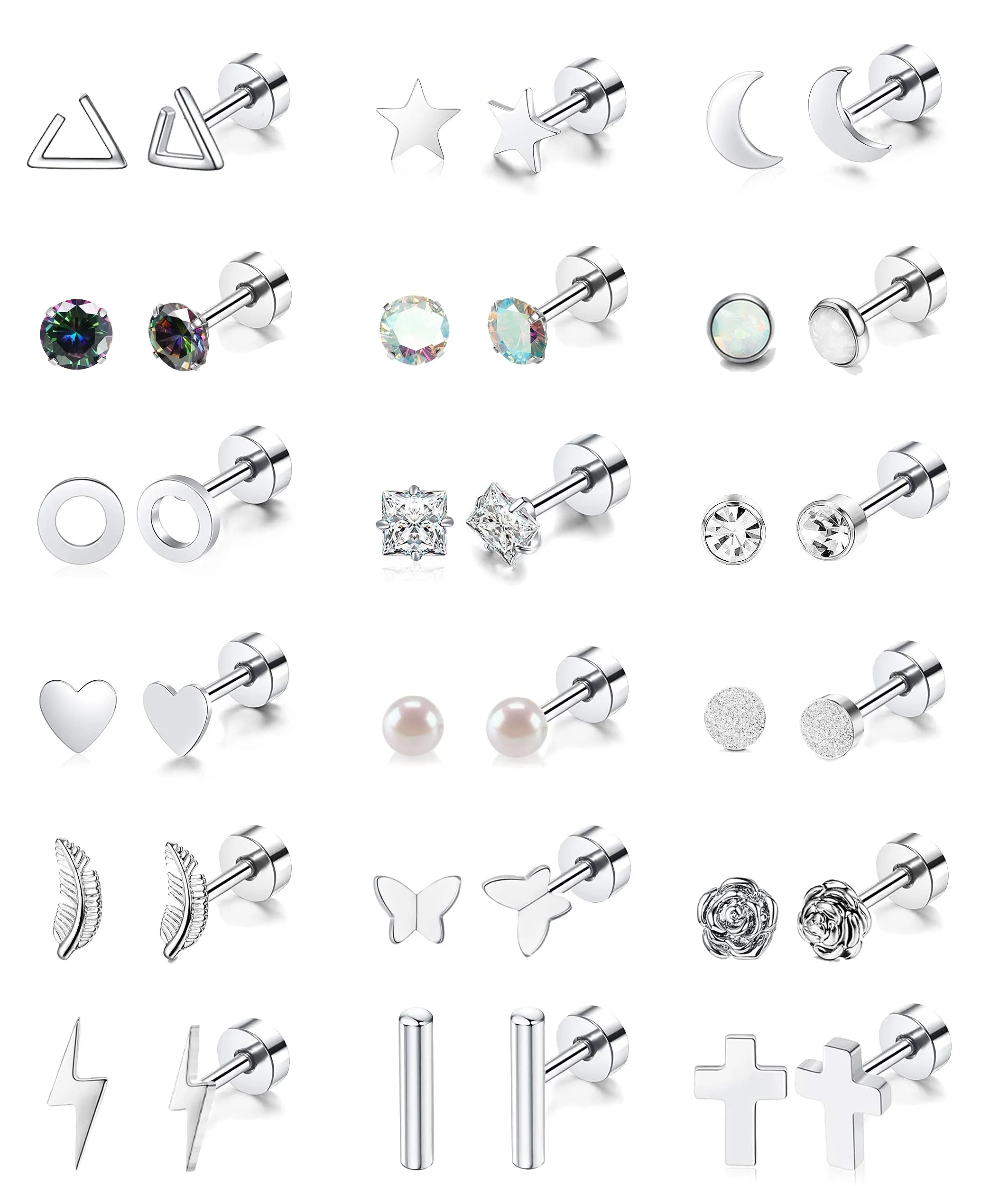 18 Pairs Stainless Steel Stud Earrings Set for Women Men Star Moon flower Heart Leaf Opal 20G Cartilage Earrings Hypoallergenic Flatback Earrings Piercing Jewelry Silver