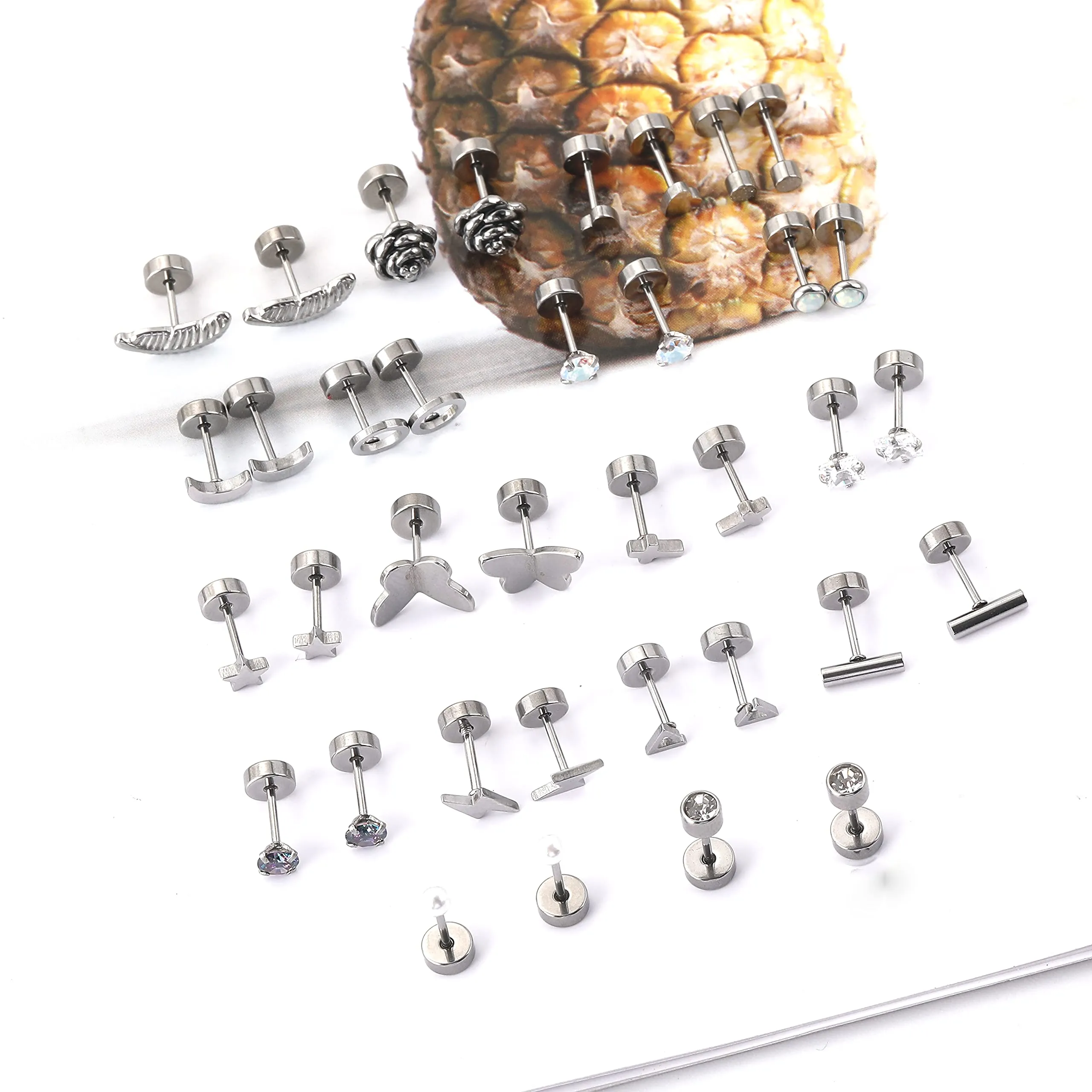 18 Pairs Stainless Steel Stud Earrings Set for Women Men Star Moon flower Heart Leaf Opal 20G Cartilage Earrings Hypoallergenic Flatback Earrings Piercing Jewelry Silver