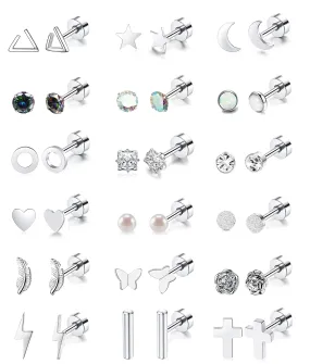 18 Pairs Stainless Steel Stud Earrings Set for Women Men Star Moon flower Heart Leaf Opal 20G Cartilage Earrings Hypoallergenic Flatback Earrings Piercing Jewelry Silver