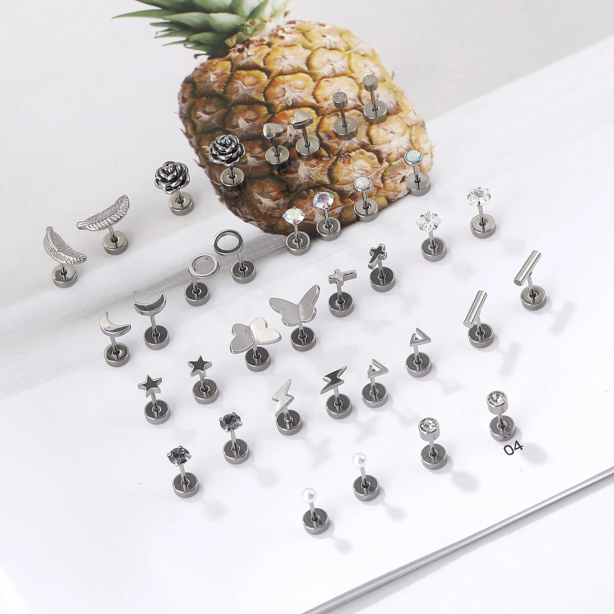18 Pairs Stainless Steel Stud Earrings Set for Women Men Star Moon flower Heart Leaf Opal 20G Cartilage Earrings Hypoallergenic Flatback Earrings Piercing Jewelry Silver