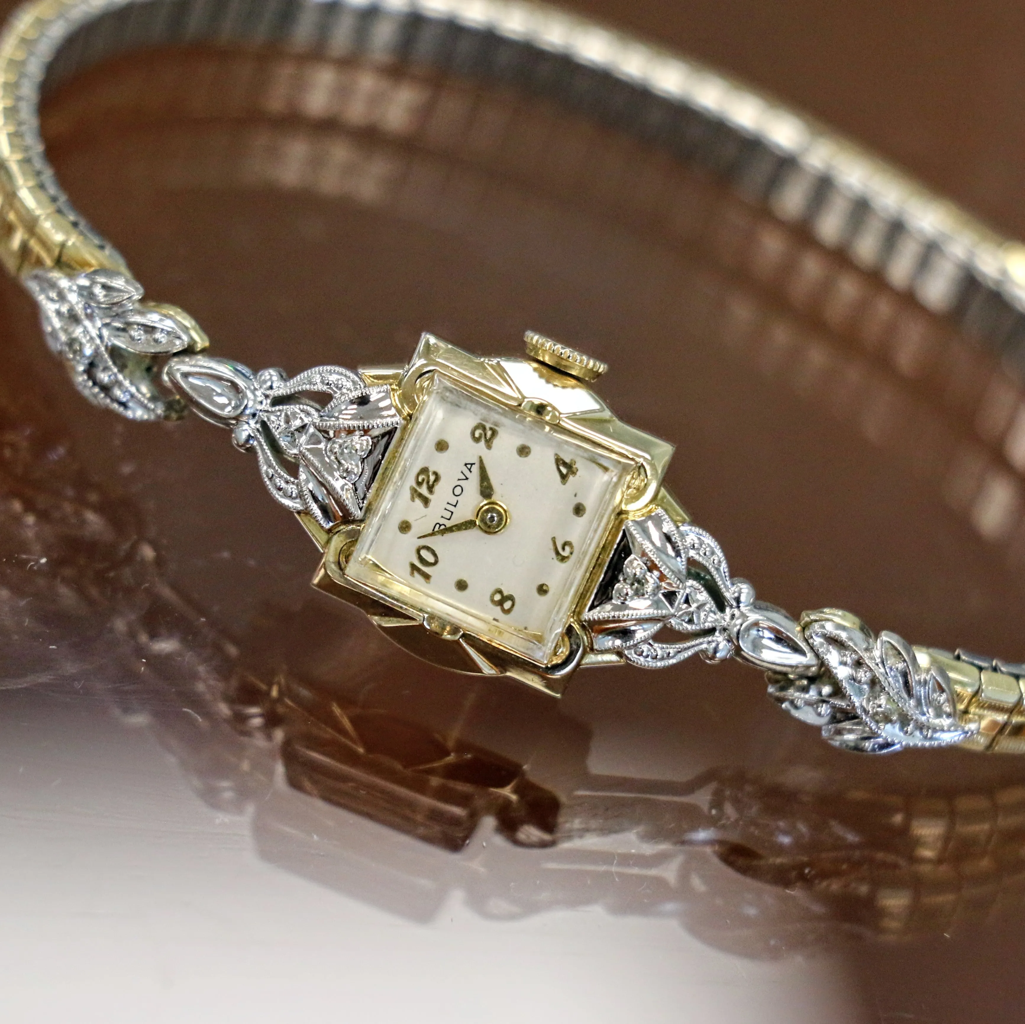 1954 BULOVA Goddess of Time "D" Ladies Wristwatch  Fancy Two-Tone Case U.S.A. Made Watch