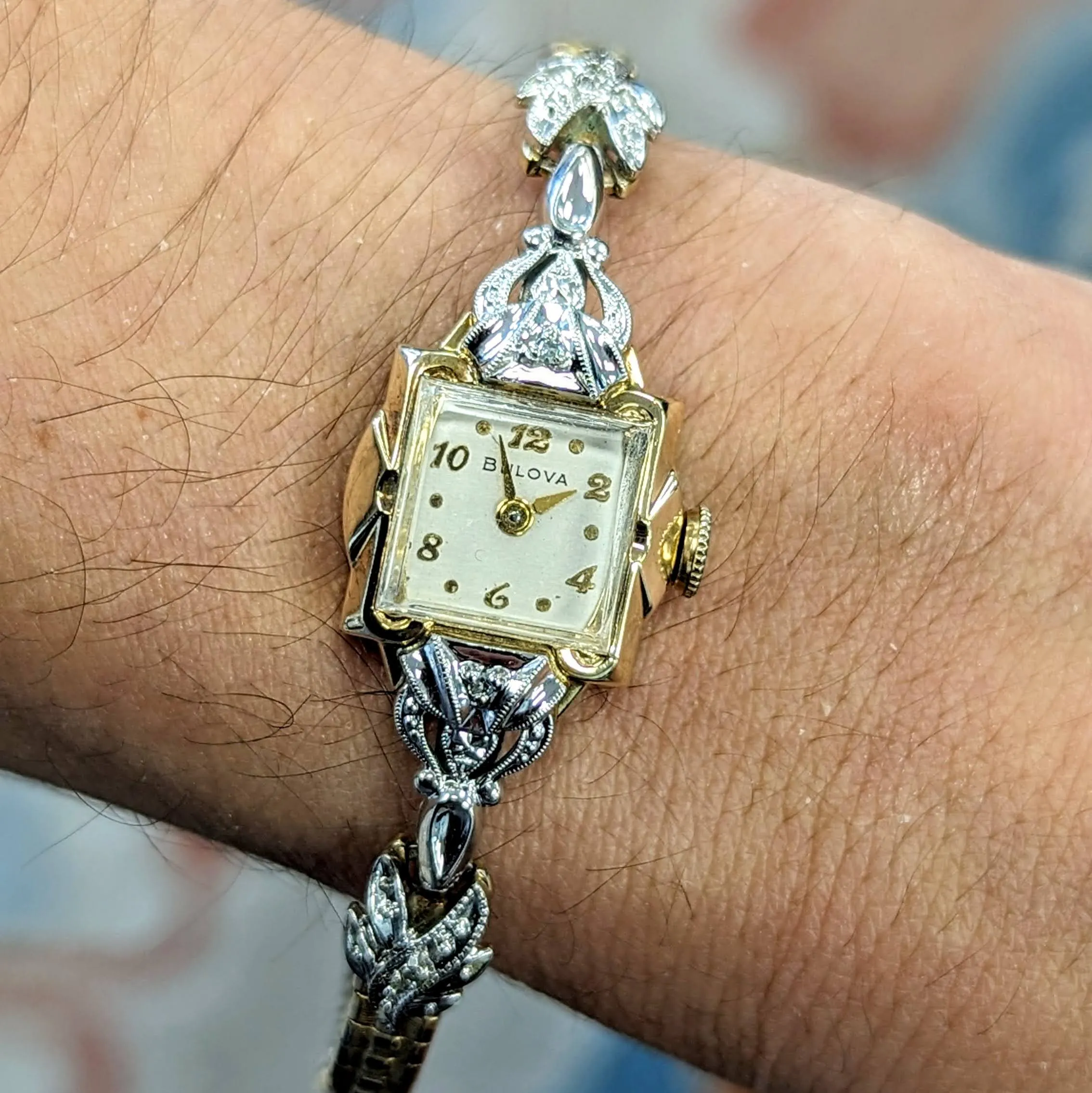 1954 BULOVA Goddess of Time "D" Ladies Wristwatch  Fancy Two-Tone Case U.S.A. Made Watch