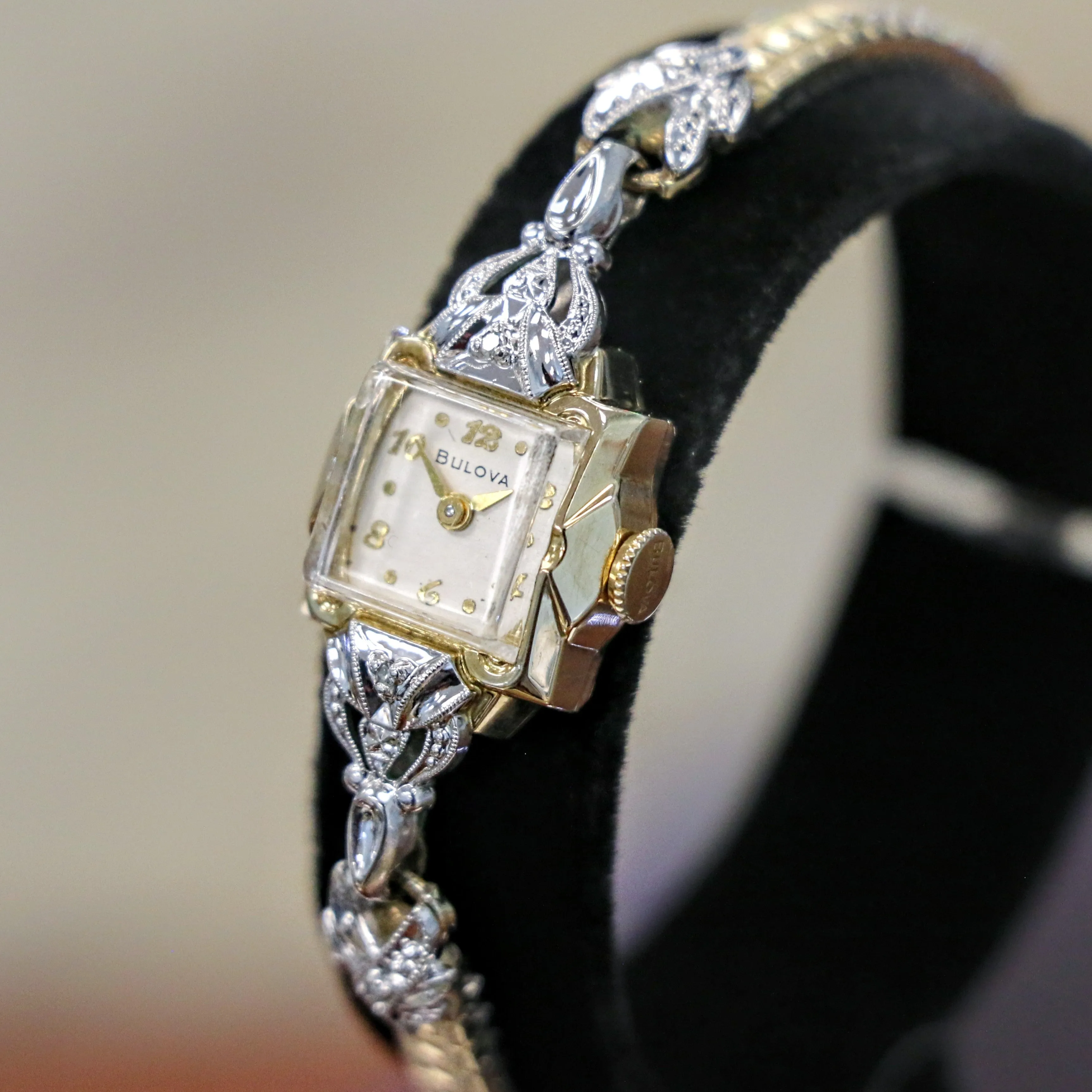 1954 BULOVA Goddess of Time "D" Ladies Wristwatch  Fancy Two-Tone Case U.S.A. Made Watch