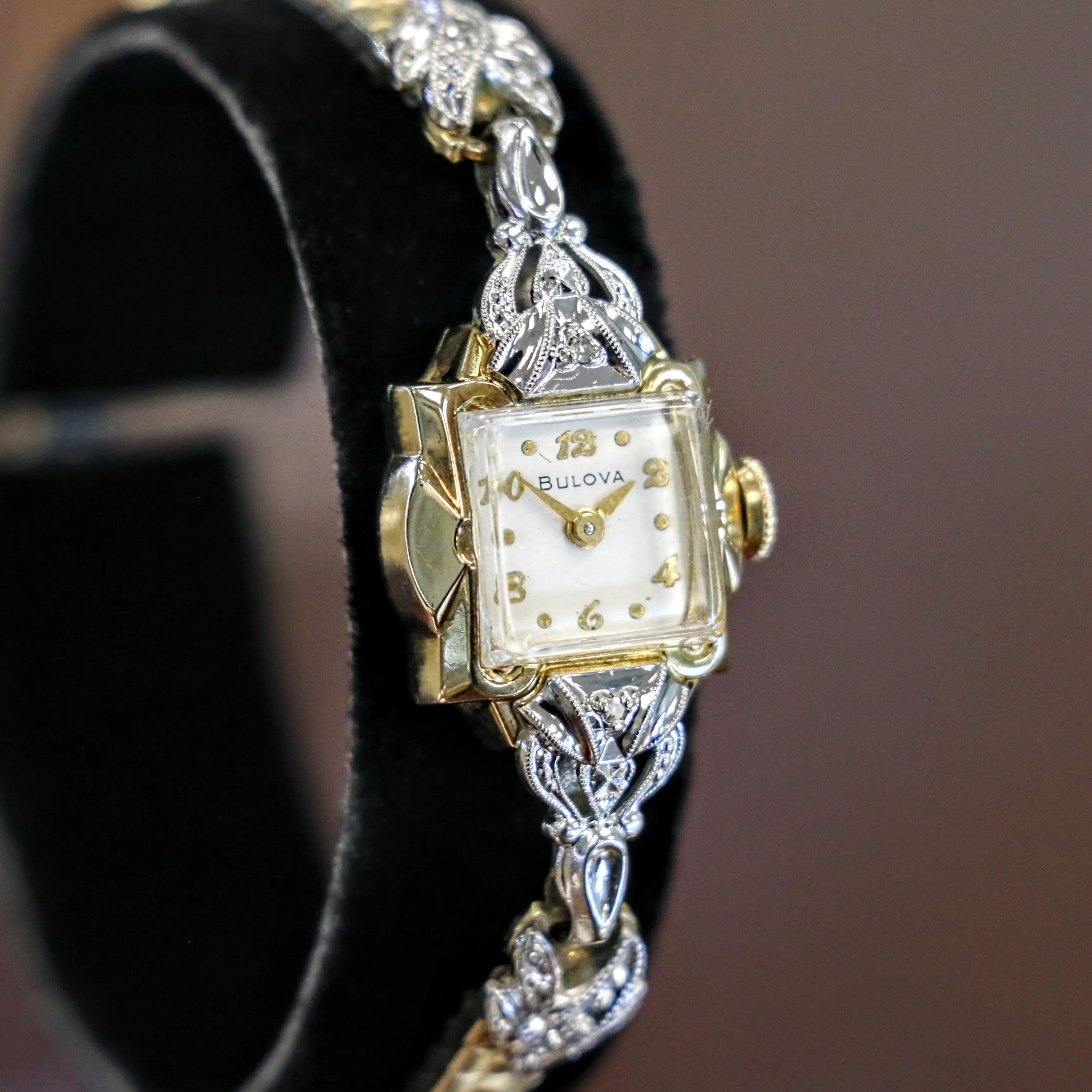 1954 BULOVA Goddess of Time "D" Ladies Wristwatch  Fancy Two-Tone Case U.S.A. Made Watch