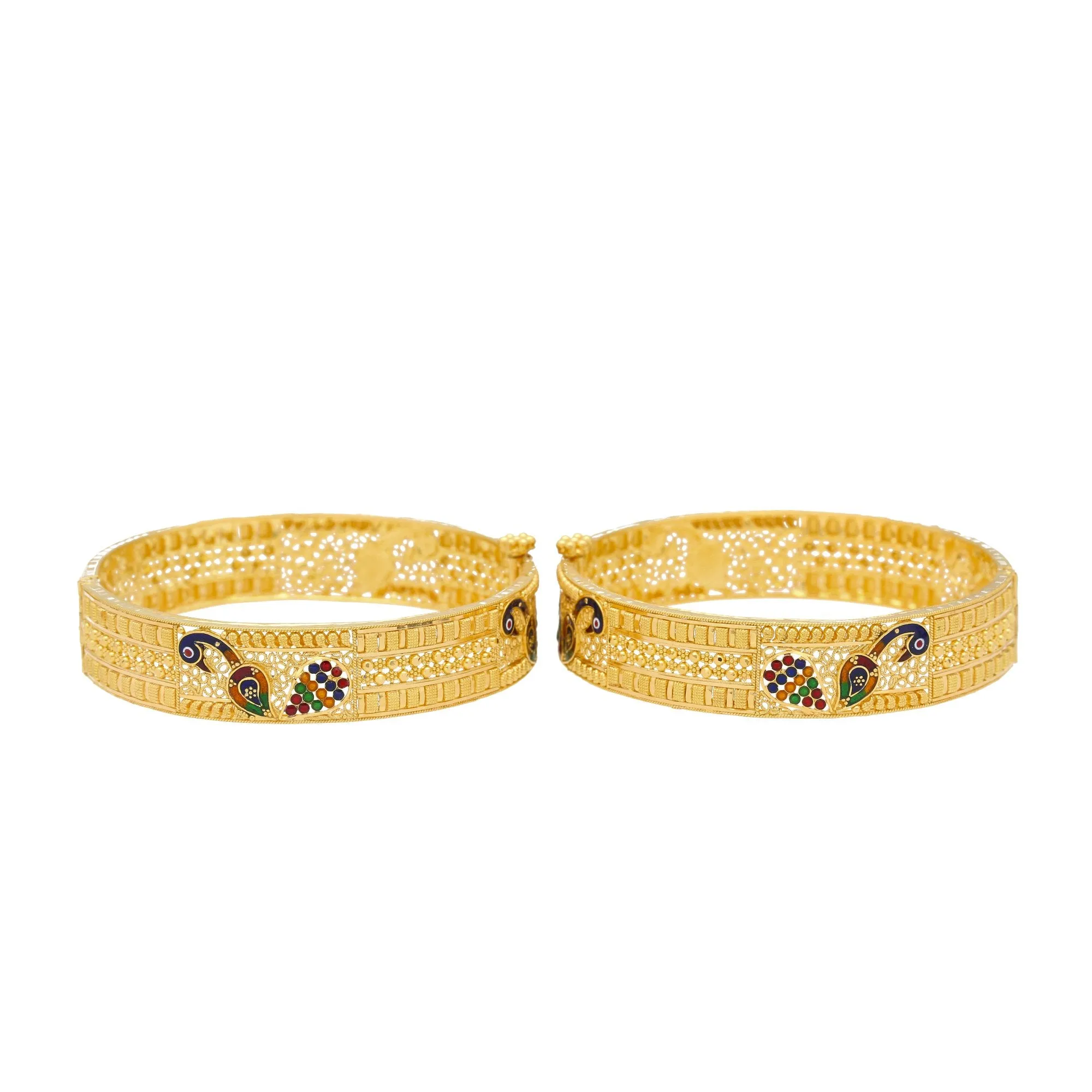 22K Yellow Gold & Enamel Divya Peacock Bangle Set Of 2