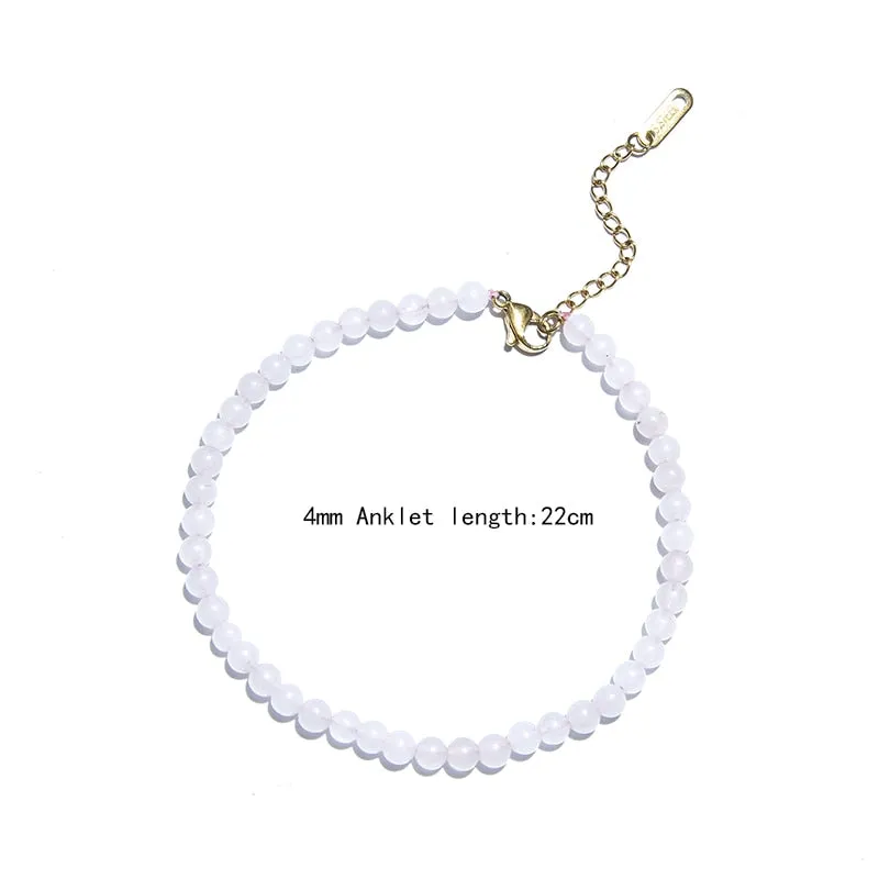 4mm Natural Stone Beaded Anklet with Stainless Steel Lobster Buckle Extension Chain Women
