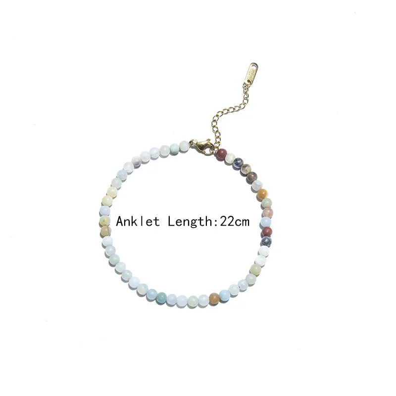 4mm Natural Stone Beaded Anklet with Stainless Steel Lobster Buckle Extension Chain Women