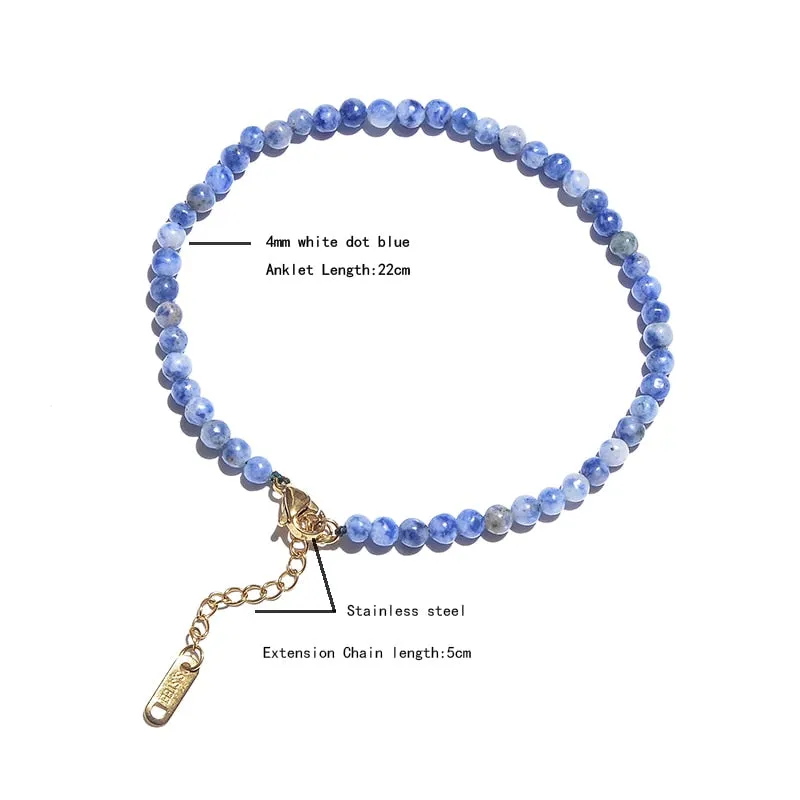 4mm Natural Stone Beaded Anklet with Stainless Steel Lobster Buckle Extension Chain Women