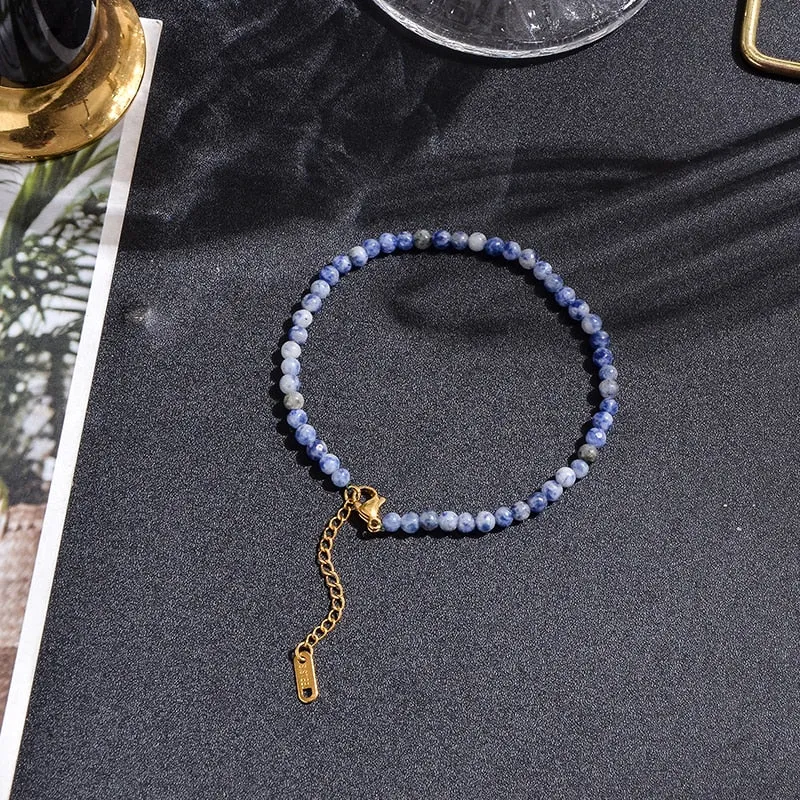 4mm Natural Stone Beaded Anklet with Stainless Steel Lobster Buckle Extension Chain Women