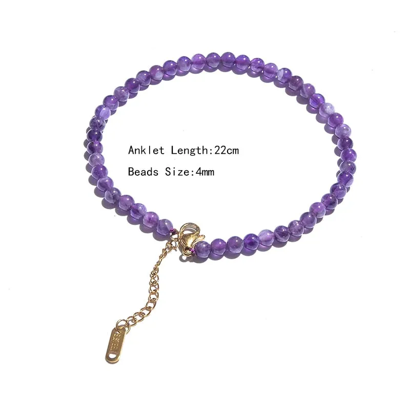 4mm Natural Stone Beaded Anklet with Stainless Steel Lobster Buckle Extension Chain Women