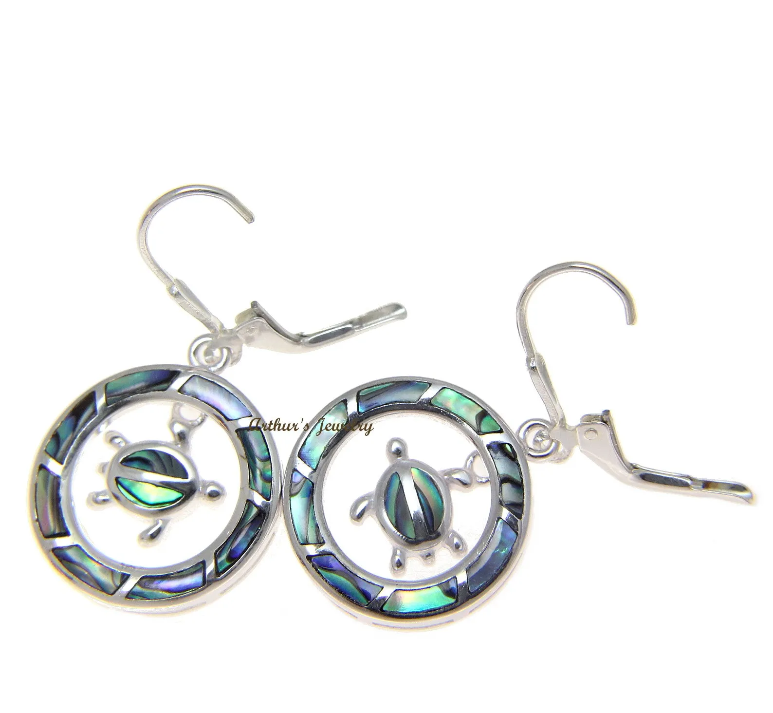 925 Silver Hawaiian Circle Honu Sea Turtle Abalone Shell Paua Leverback Earrings