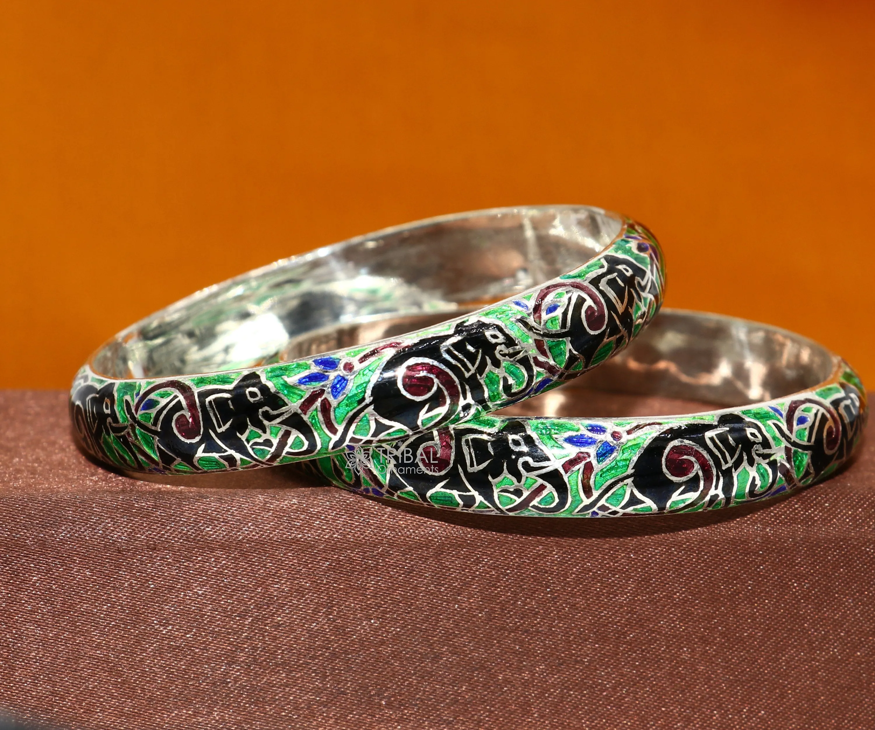 925 Sterling silver handmade amazing meenakari (color enamel )bangle bracelet elephant design Cultral trendy style jewelry from india nba356