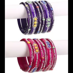 Afast Bridal Wedding & Party Fashionable Colorful Glass Bangle/Kada Set, Pack Of 12 - Pink, Blue