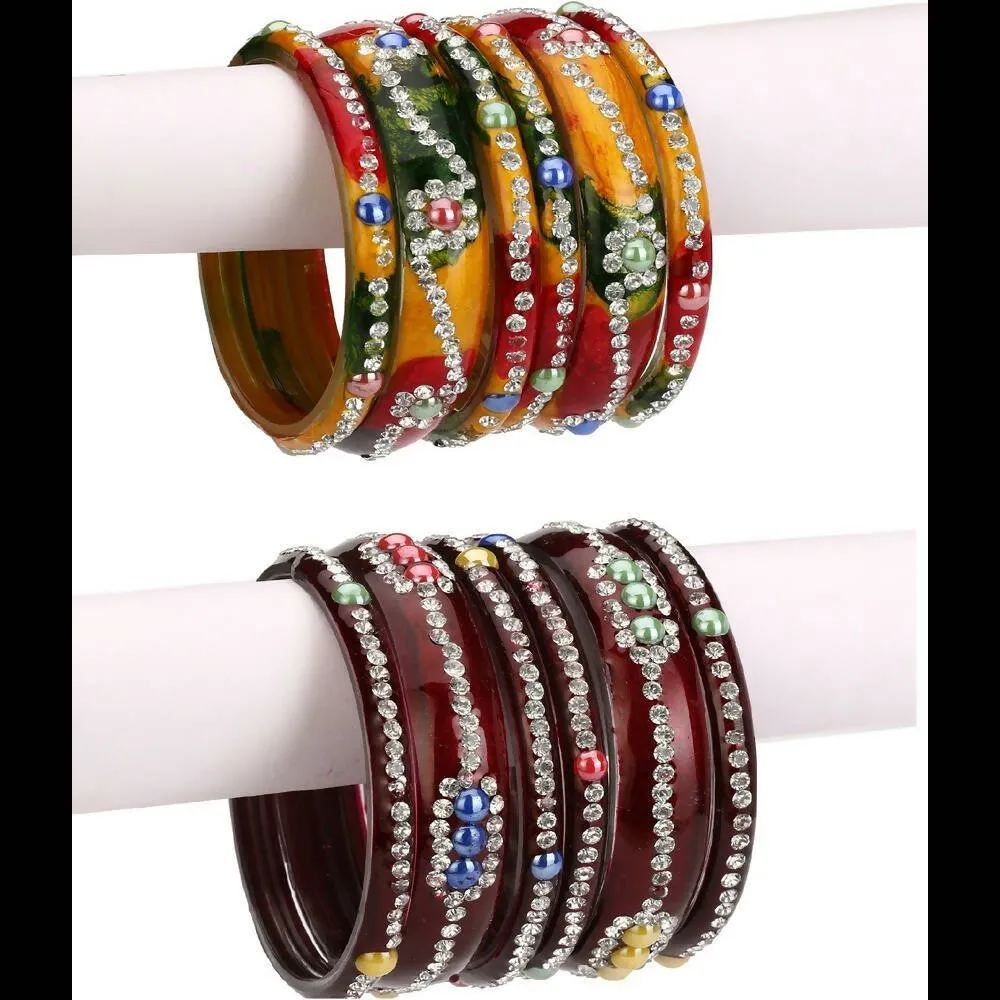 Afast Bridal Wedding & Party Fashionable Colorful Glass Bangle/Kada Set, Pack Of 12 - Yellow, Maroon