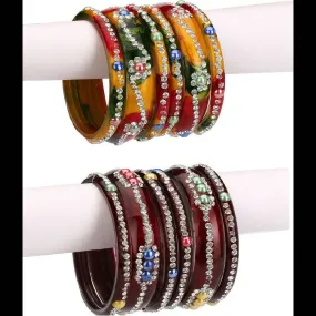 Afast Bridal Wedding & Party Fashionable Colorful Glass Bangle/Kada Set, Pack Of 12 - Yellow, Maroon