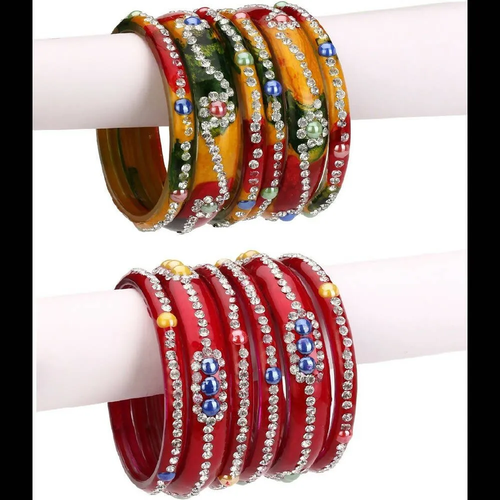 Afast Bridal Wedding & Party Fashionable Colorful Glass Bangle/Kada Set, Pack Of 12 - Yellow, Red