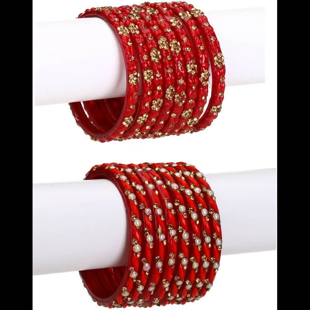 Afast Bridal Wedding & Party Fashionable Colorful Glass Bangle/Kada Set, Pack Of 16 - Red