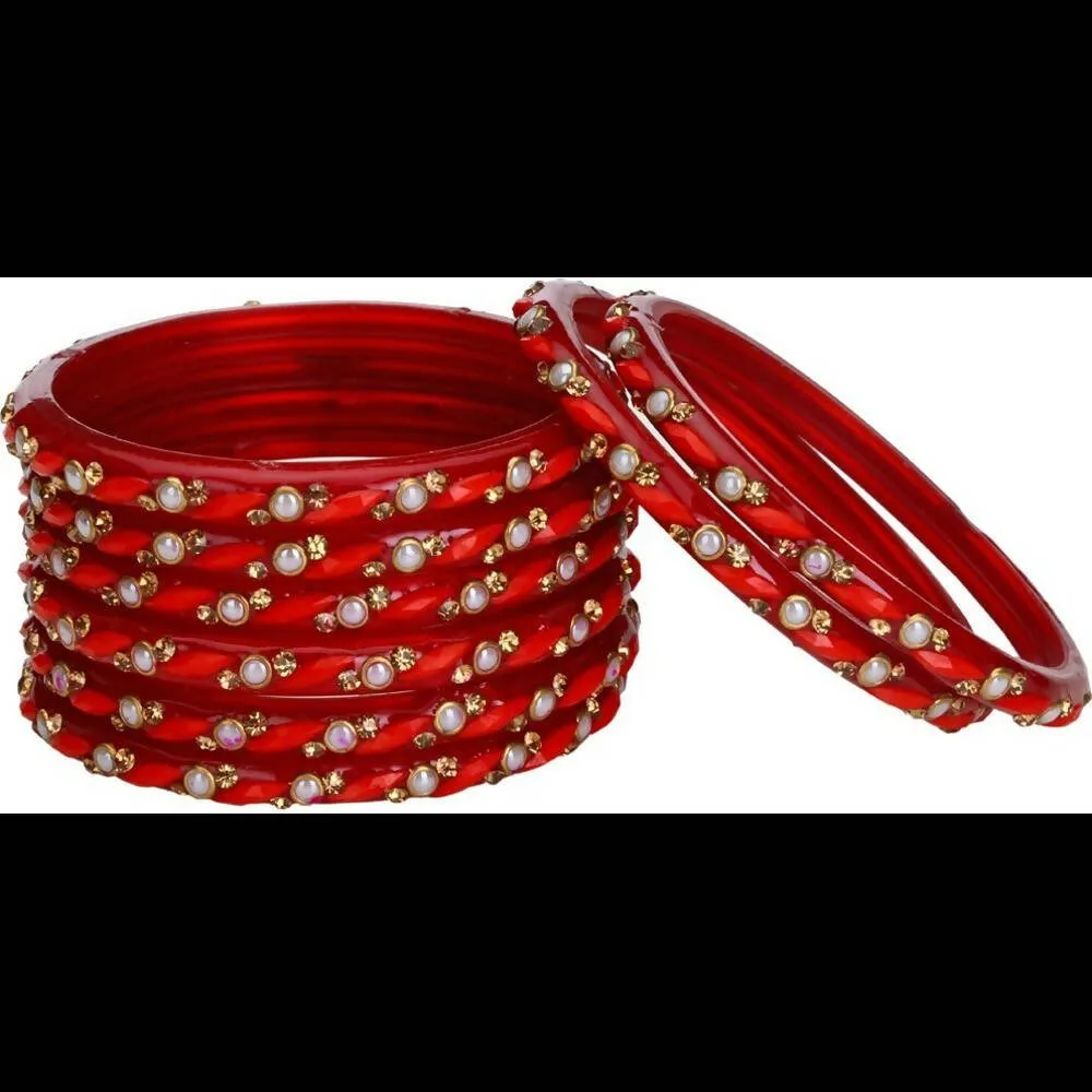 Afast Bridal Wedding & Party Fashionable Colorful Glass Bangle/Kada Set, Pack Of 16 - Red