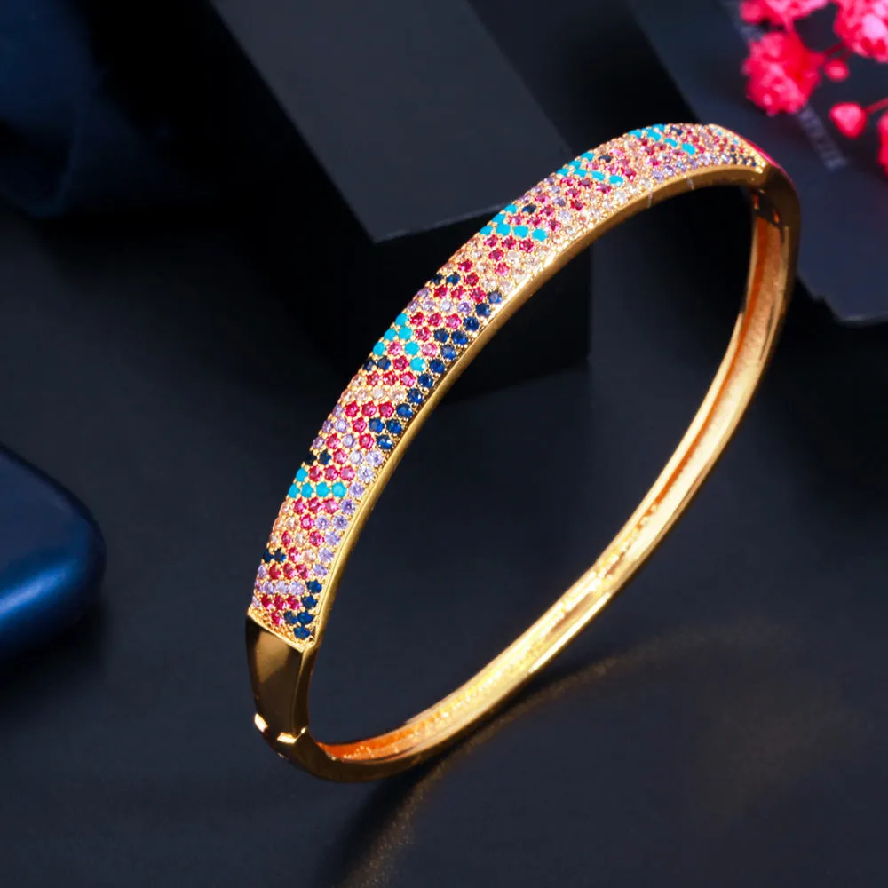 African Gold Rainbow Cubic Zirconia Big Round Open Cuff Bracelet Bangles