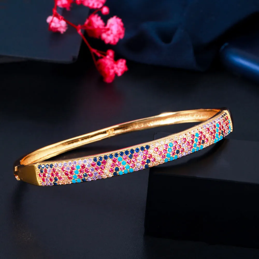 African Gold Rainbow Cubic Zirconia Big Round Open Cuff Bracelet Bangles