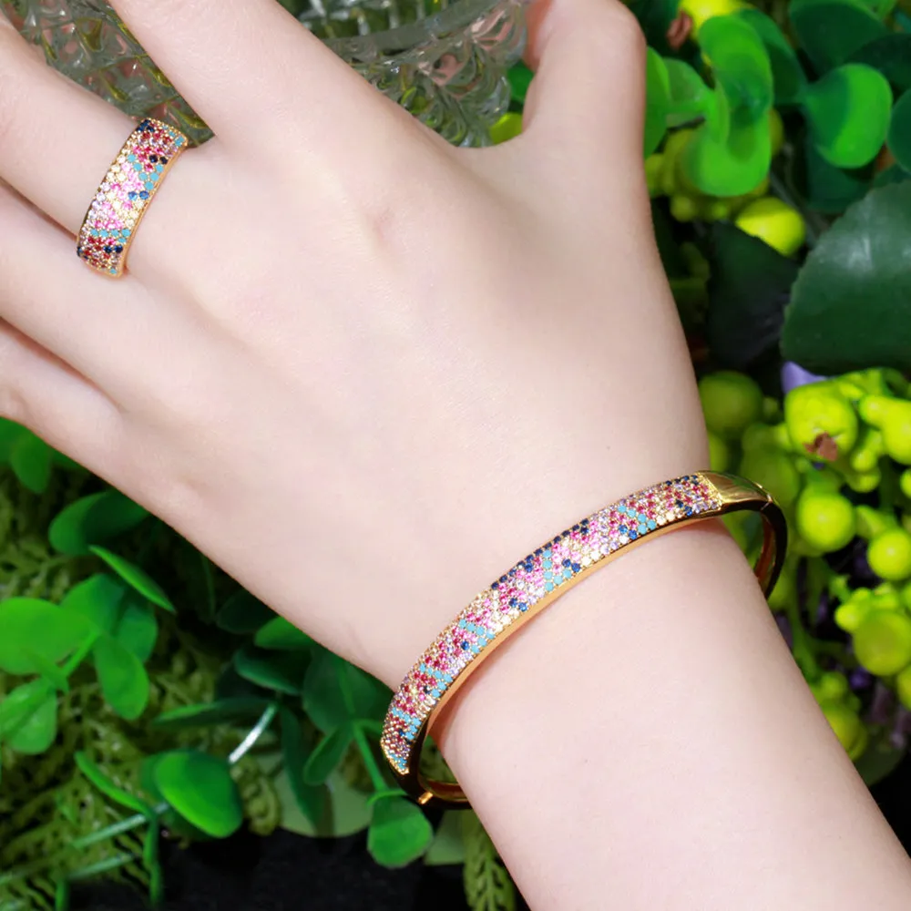 African Gold Rainbow Cubic Zirconia Big Round Open Cuff Bracelet Bangles