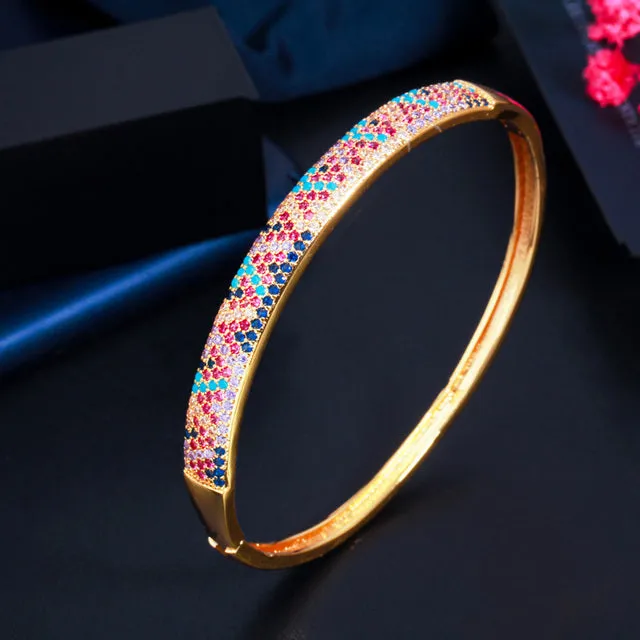 African Gold Rainbow Cubic Zirconia Big Round Open Cuff Bracelet Bangles