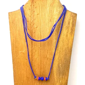 Blue Leather Cord Necklace with Orange and Blue Rhinestone Beads