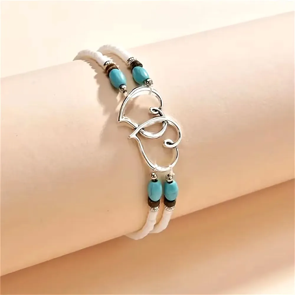 Bohemian Vintage Double Heart Beaded Anklet - Elegant Silver Chain Foot Jewelry for Women