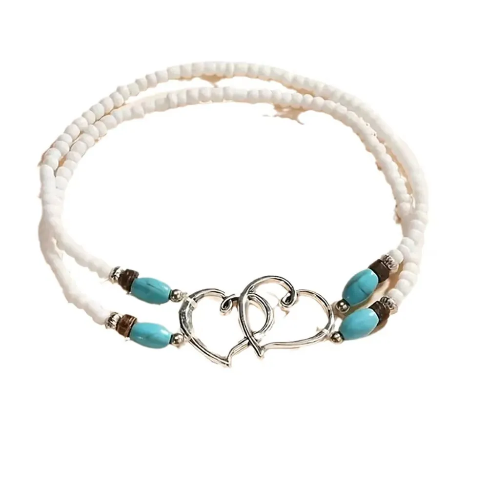 Bohemian Vintage Double Heart Beaded Anklet - Elegant Silver Chain Foot Jewelry for Women