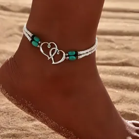 Bohemian Vintage Double Heart Beaded Anklet - Elegant Silver Chain Foot Jewelry for Women