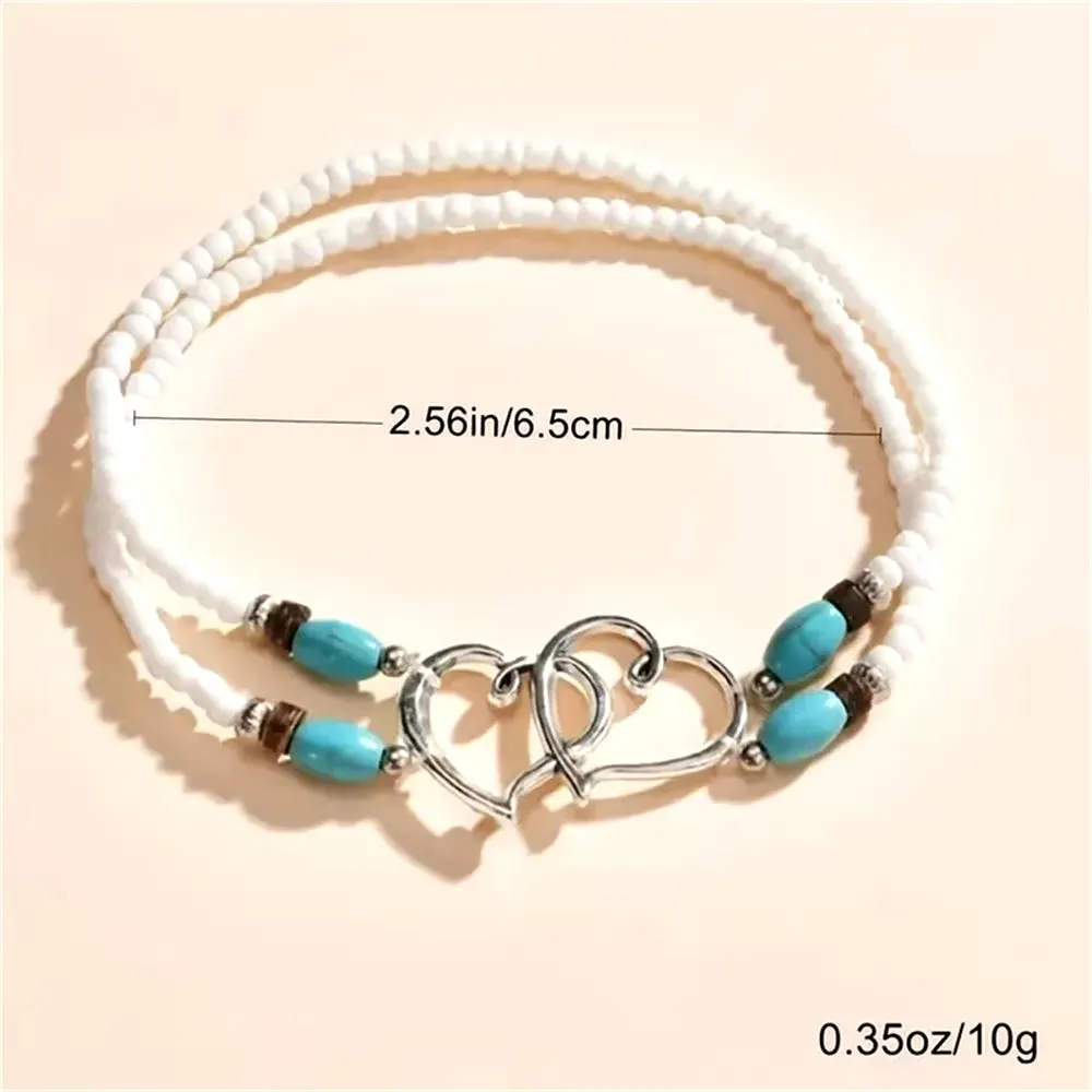 Bohemian Vintage Double Heart Beaded Anklet - Elegant Silver Chain Foot Jewelry for Women