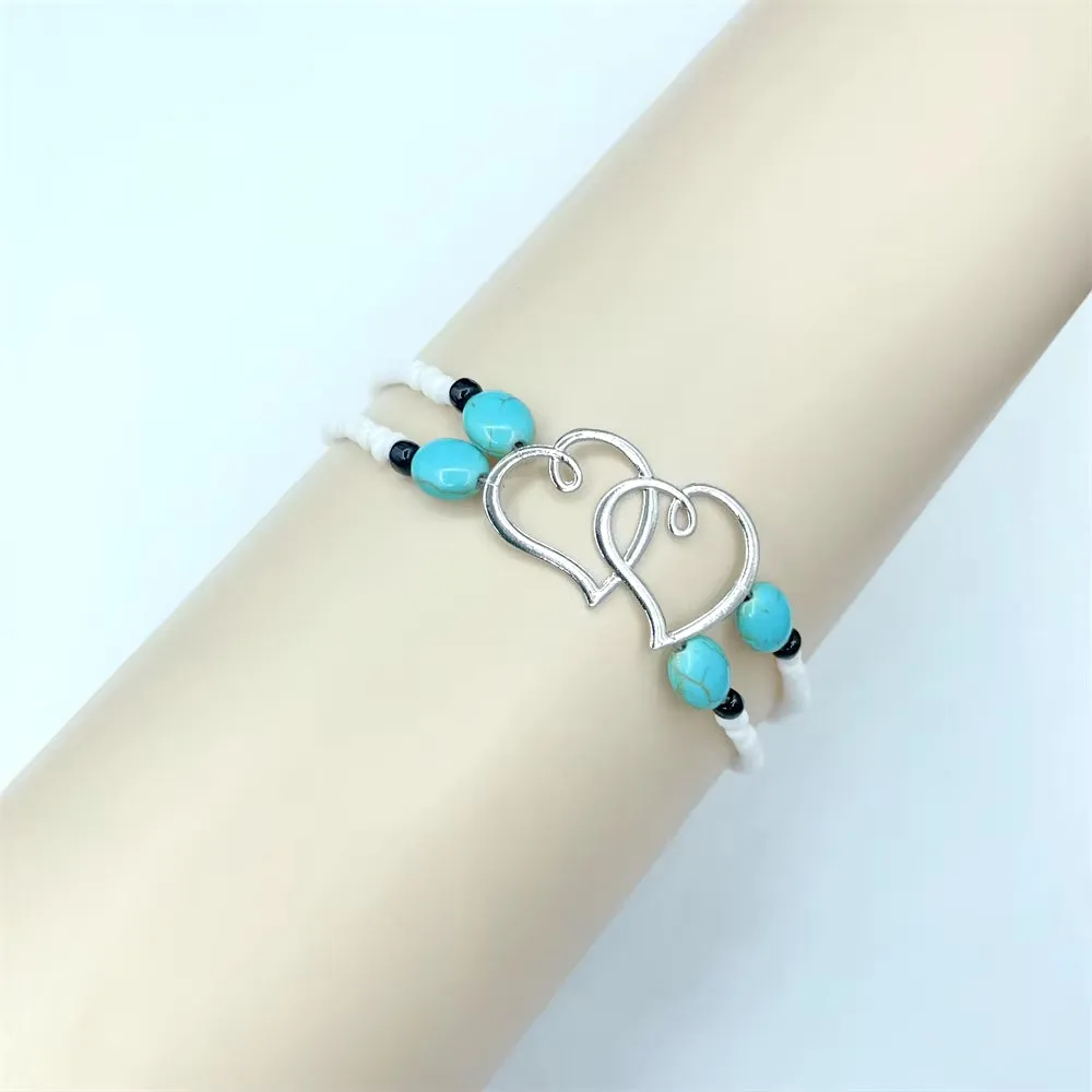 Bohemian Vintage Double Heart Beaded Anklet - Elegant Silver Chain Foot Jewelry for Women