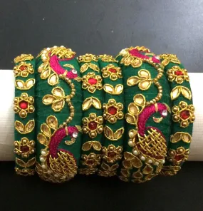 Bottle Green with Pink Thread Work  Raw Silk Bangles Set