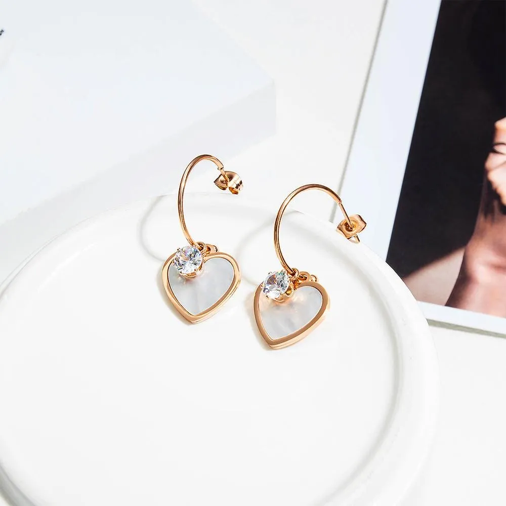 Boxed Sparkly Love Shaped Studs & Earthy Pearl Core Hook Earrings Set in Rose Gold