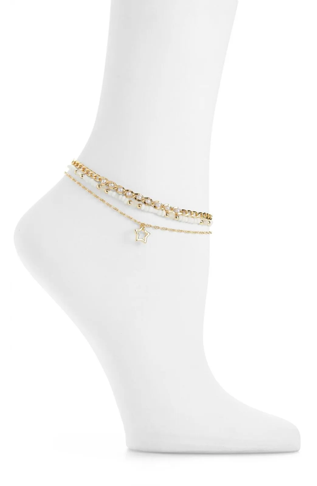 BP. Womens Set of 2 Star Bead Charm Anklet White / Gold One Size