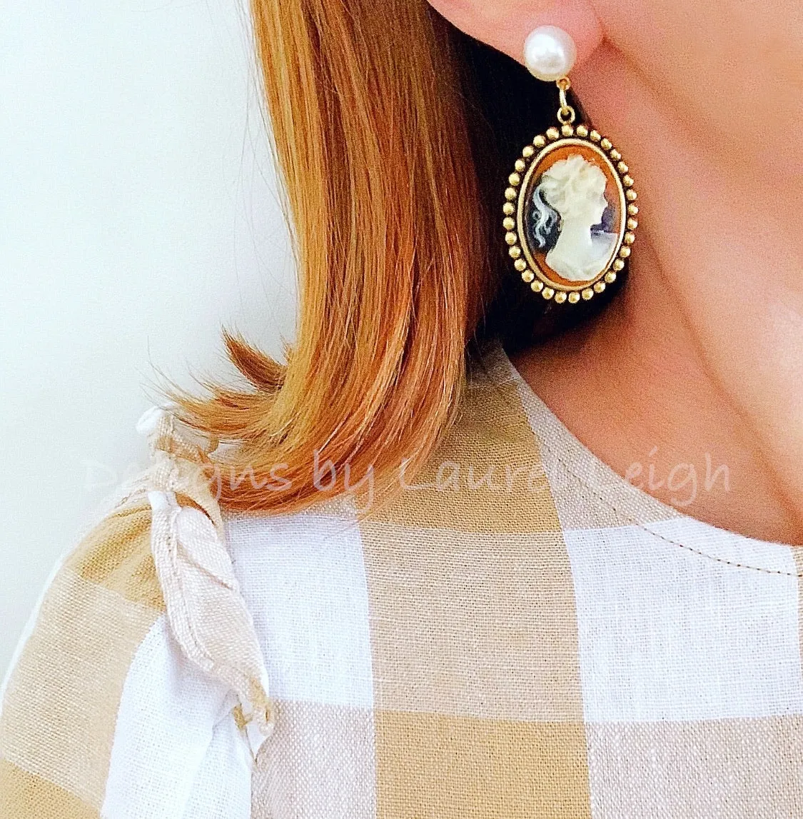 Brown Tortoise Shell & Pearl Cameo Earrings