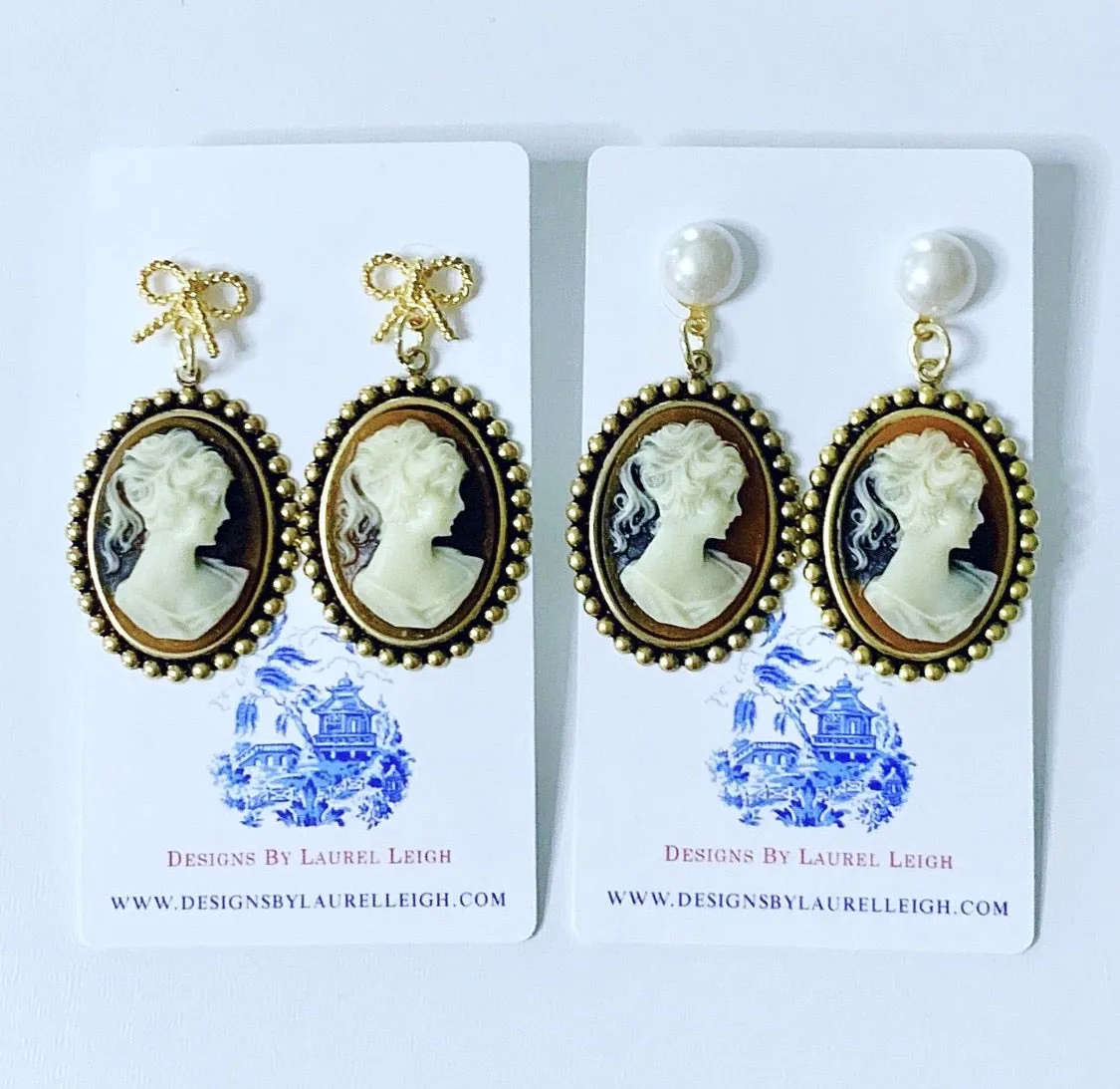 Brown Tortoise Shell & Pearl Cameo Earrings